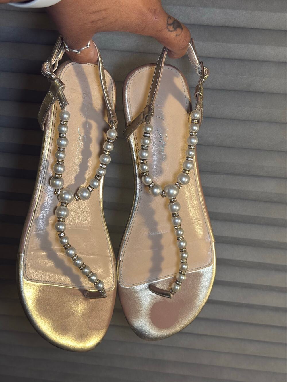 Betsey Johnson SB-GAL Pearl Beaded T-Strap Sandals Gold Ivory Women’s 8M